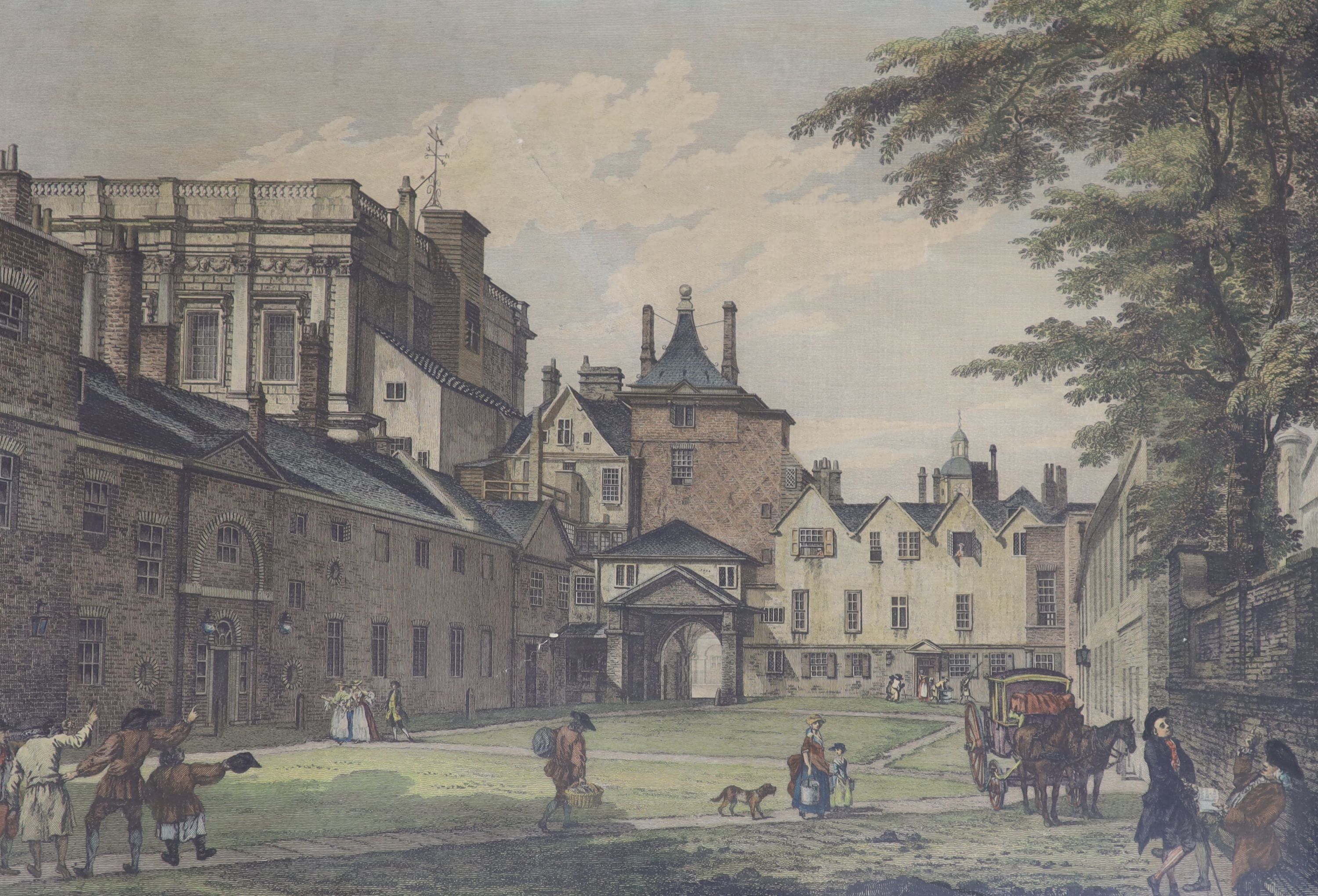Rooker after Sandby, pair of hand coloured engravings, The Horseguards and Scotland Yard, 40 x 55cm